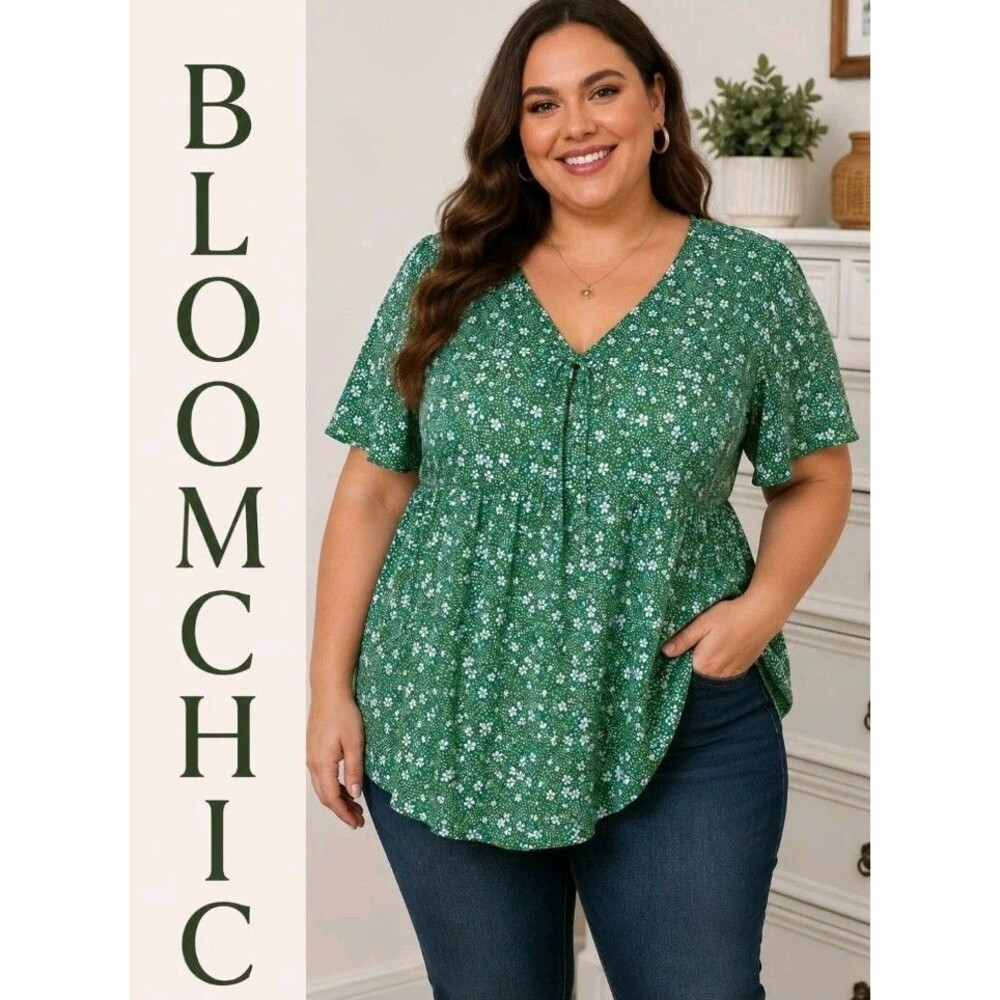 Bloomchic Women 16 Cottagecore Empire Waist V-Neck Floral Flare Sleeve Green Top